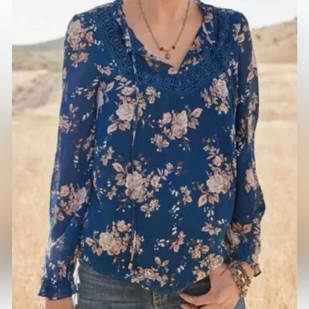 Sundance Boho Floral Blouse XS | Navy Peasant Top Cottagecore Romantic